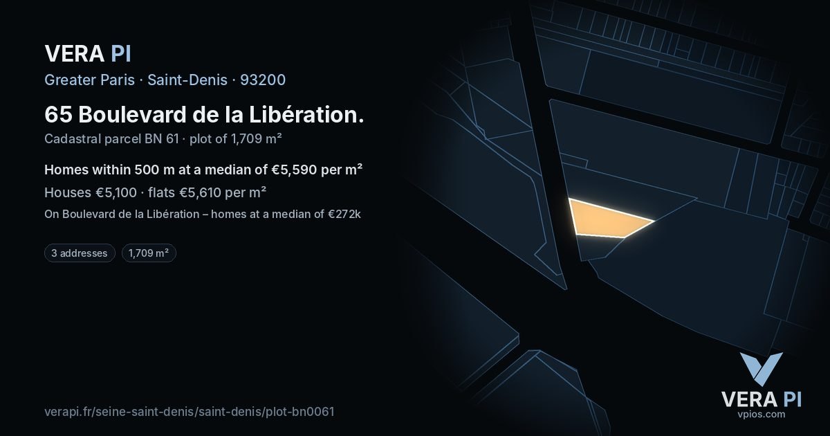 65 Boulevard de la Libération, Saint-Denis at night – the plot lit, the parcels around coloured by the prices near them