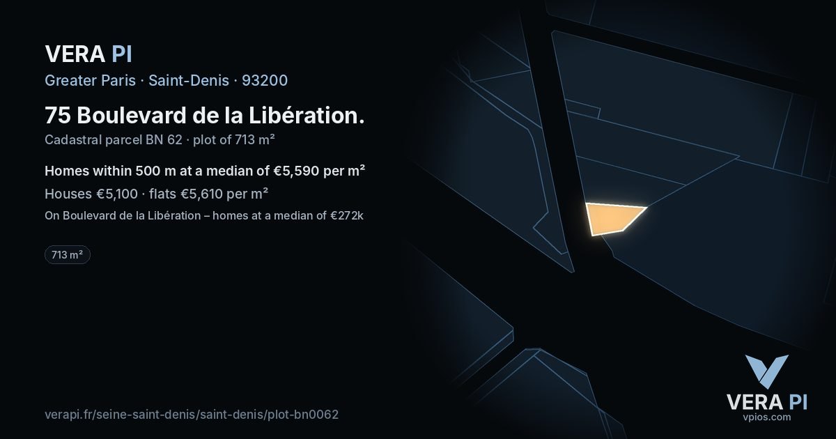 75 Boulevard de la Libération, Saint-Denis at night – the plot lit, the parcels around coloured by the prices near them