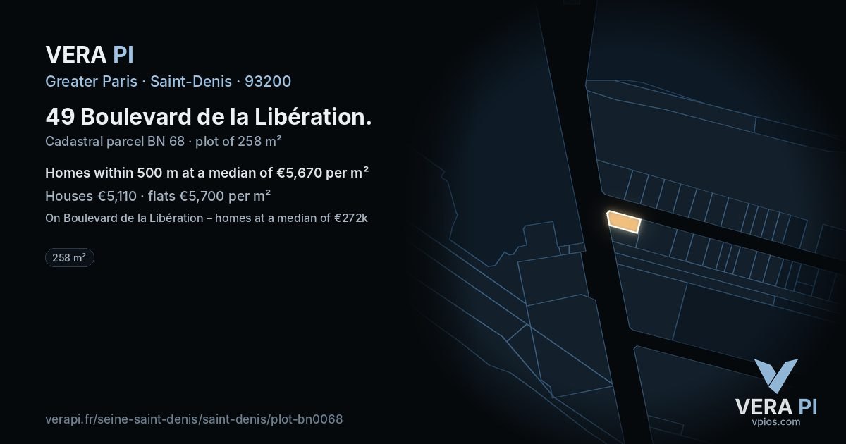 49 Boulevard de la Libération, Saint-Denis at night – the plot lit, the parcels around coloured by the prices near them