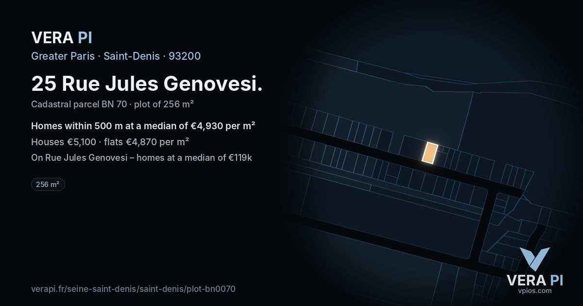25 Rue Jules Genovesi, Saint-Denis at night – the plot lit, the parcels around coloured by the prices near them