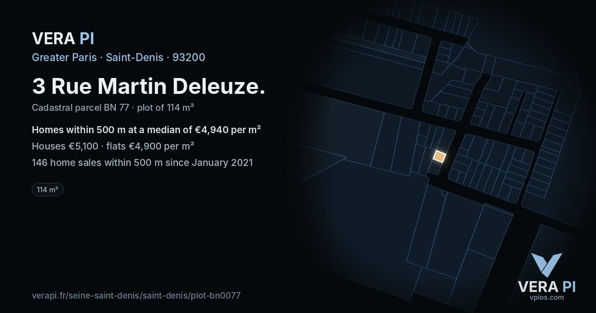 3 Rue Martin Deleuze, Saint-Denis at night – the plot lit, the parcels around coloured by the prices near them