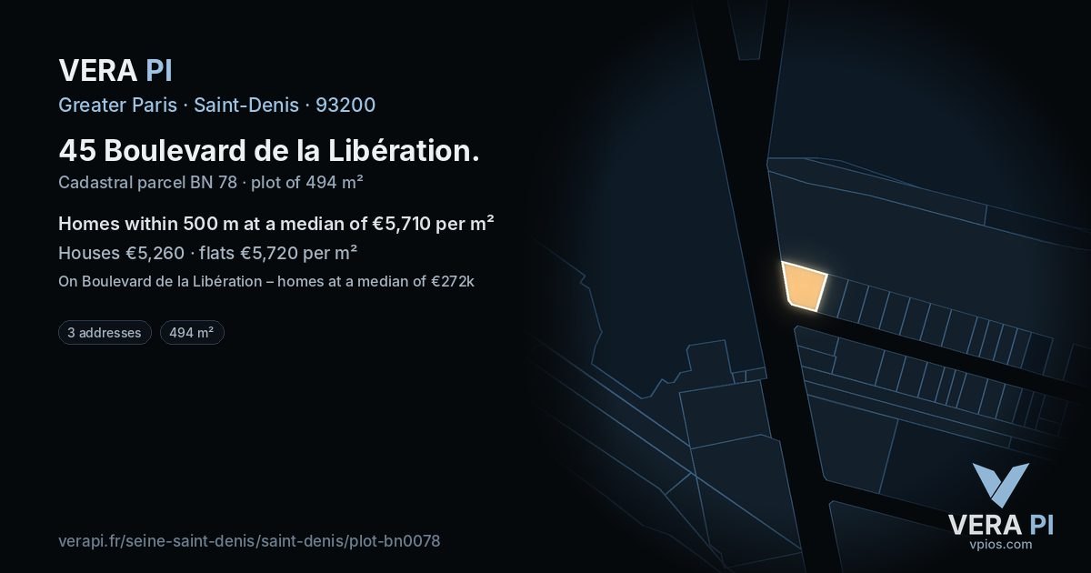 45 Boulevard de la Libération, Saint-Denis at night – the plot lit, the parcels around coloured by the prices near them