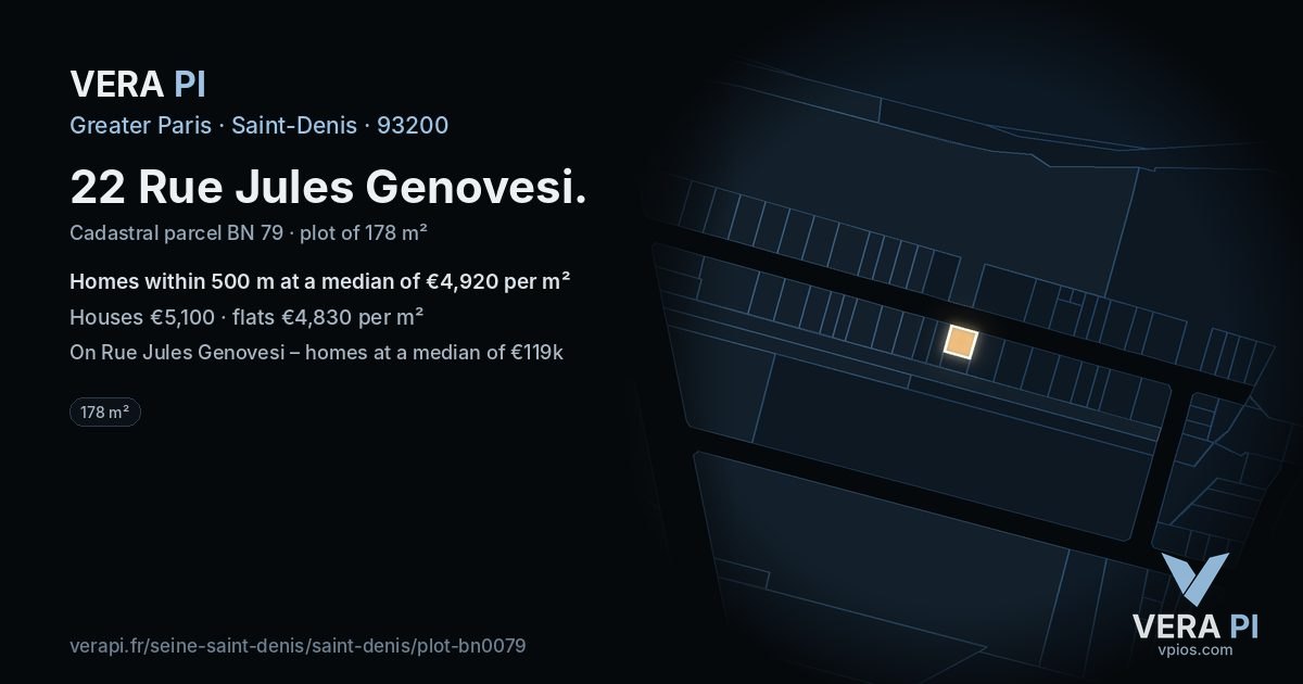 22 Rue Jules Genovesi, Saint-Denis at night – the plot lit, the parcels around coloured by the prices near them