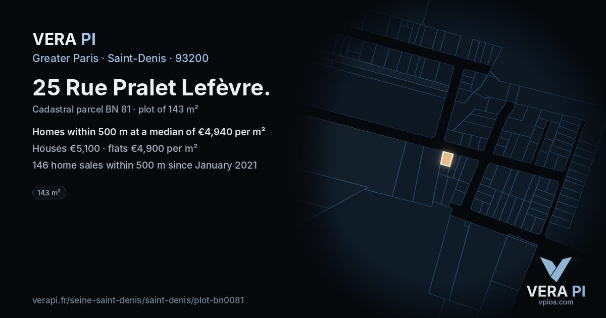25 Rue Pralet Lefèvre, Saint-Denis at night – the plot lit, the parcels around coloured by the prices near them
