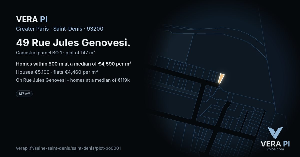 49 Rue Jules Genovesi, Saint-Denis at night – the plot lit, the parcels around coloured by the prices near them