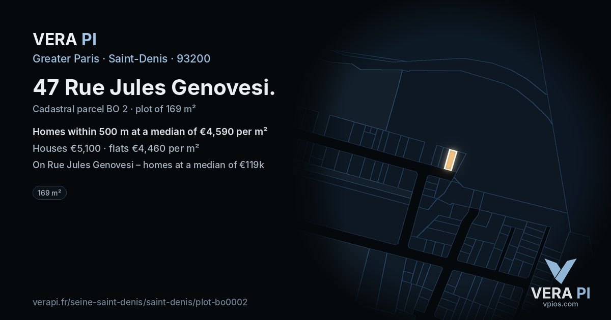 47 Rue Jules Genovesi, Saint-Denis at night – the plot lit, the parcels around coloured by the prices near them