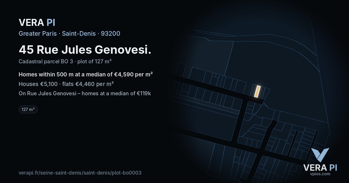 45 Rue Jules Genovesi, Saint-Denis at night – the plot lit, the parcels around coloured by the prices near them
