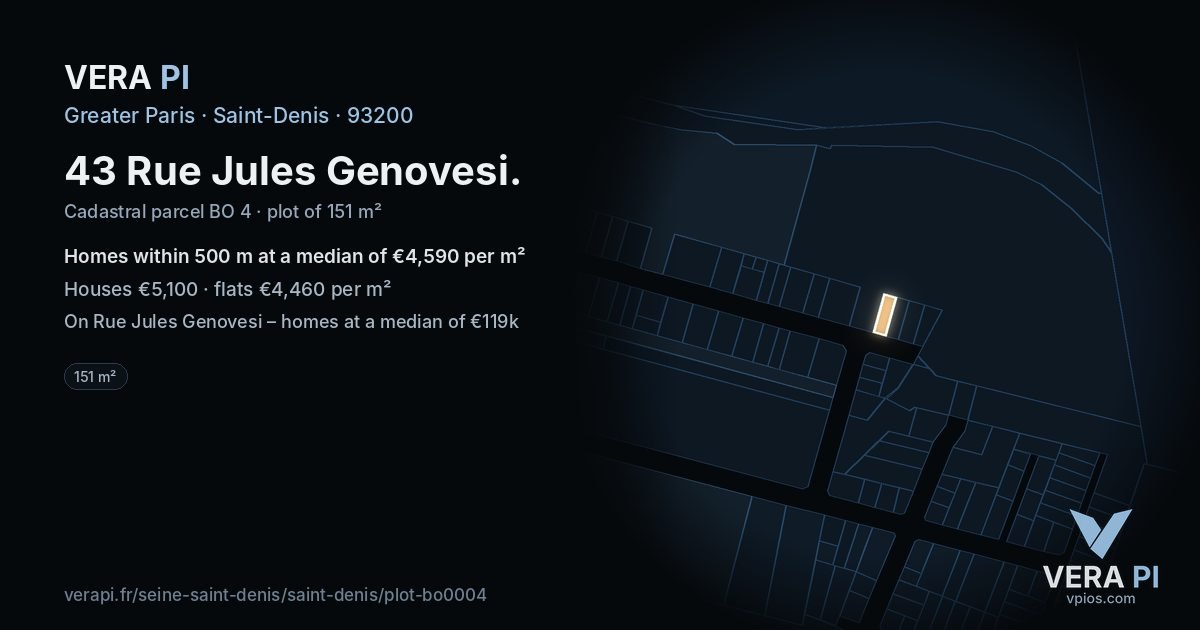 43 Rue Jules Genovesi, Saint-Denis at night – the plot lit, the parcels around coloured by the prices near them