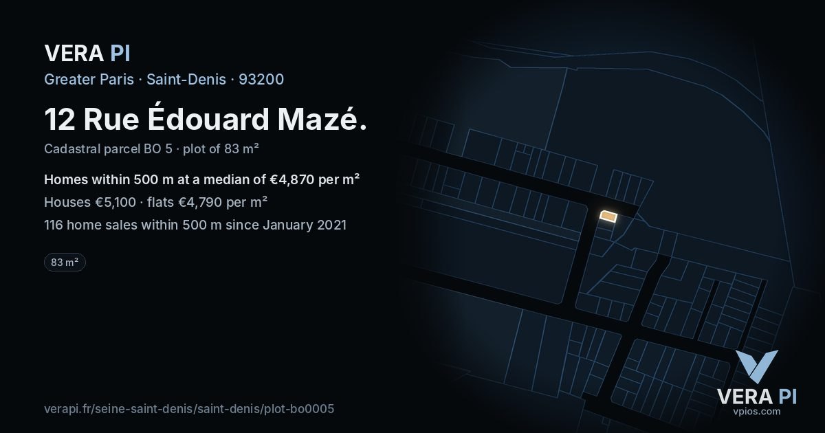 12 Rue Édouard Mazé, Saint-Denis at night – the plot lit, the parcels around coloured by the prices near them