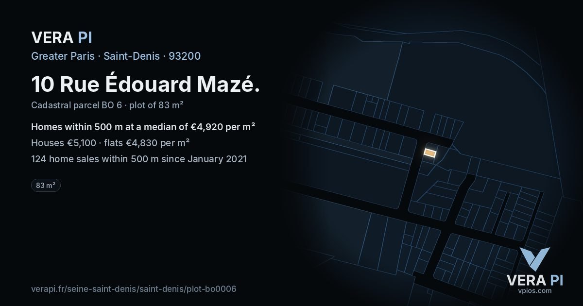 10 Rue Édouard Mazé, Saint-Denis at night – the plot lit, the parcels around coloured by the prices near them