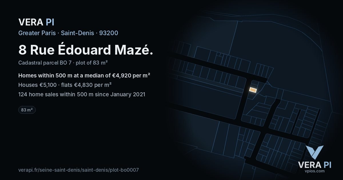 8 Rue Édouard Mazé, Saint-Denis at night – the plot lit, the parcels around coloured by the prices near them