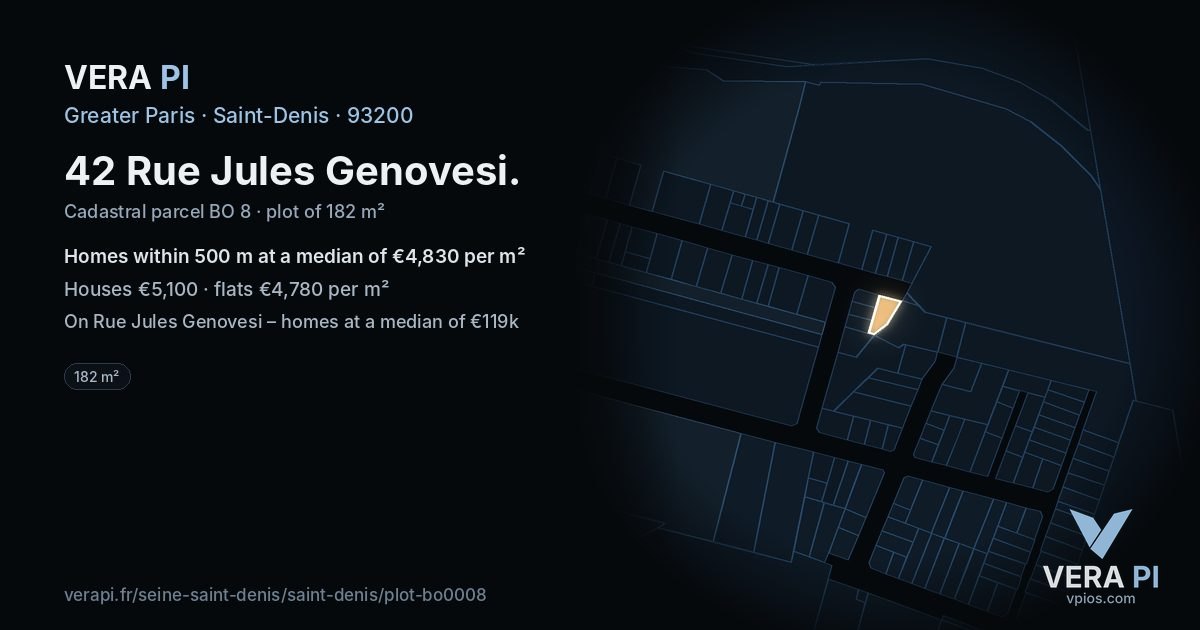42 Rue Jules Genovesi, Saint-Denis at night – the plot lit, the parcels around coloured by the prices near them