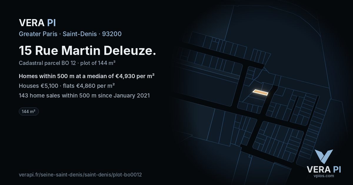 15 Rue Martin Deleuze, Saint-Denis at night – the plot lit, the parcels around coloured by the prices near them