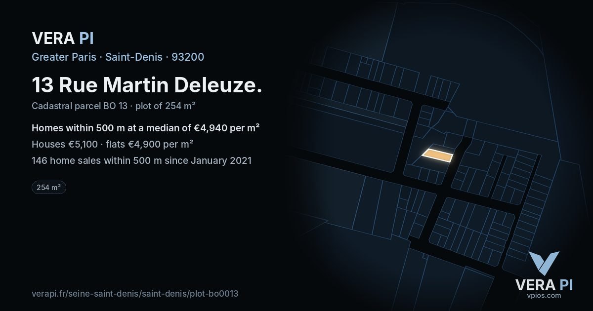 13 Rue Martin Deleuze, Saint-Denis at night – the plot lit, the parcels around coloured by the prices near them