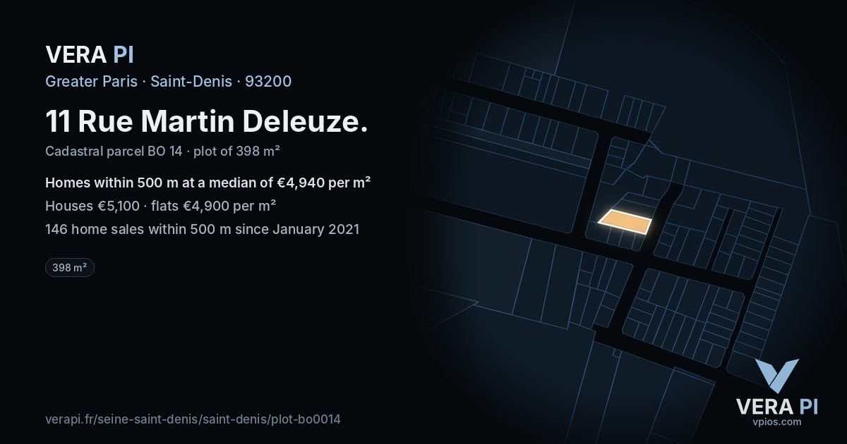 11 Rue Martin Deleuze, Saint-Denis at night – the plot lit, the parcels around coloured by the prices near them