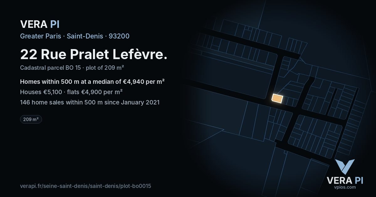 22 Rue Pralet Lefèvre, Saint-Denis at night – the plot lit, the parcels around coloured by the prices near them