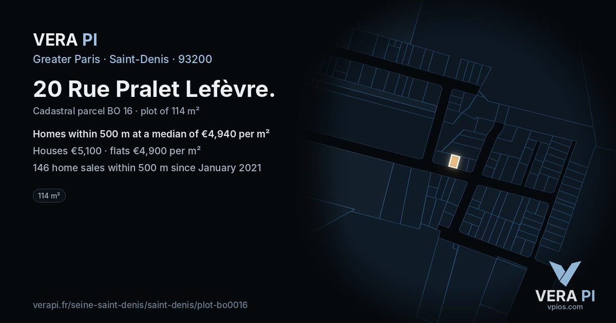20 Rue Pralet Lefèvre, Saint-Denis at night – the plot lit, the parcels around coloured by the prices near them