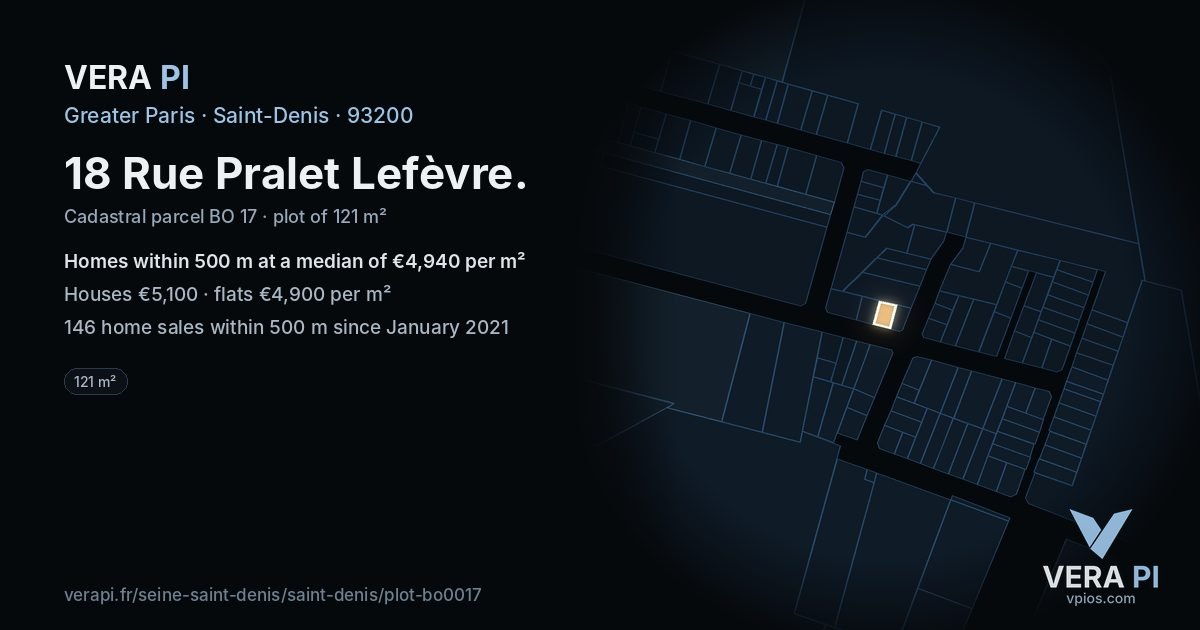 18 Rue Pralet Lefèvre, Saint-Denis at night – the plot lit, the parcels around coloured by the prices near them