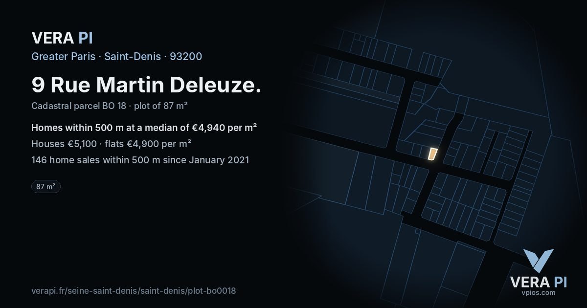 9 Rue Martin Deleuze, Saint-Denis at night – the plot lit, the parcels around coloured by the prices near them