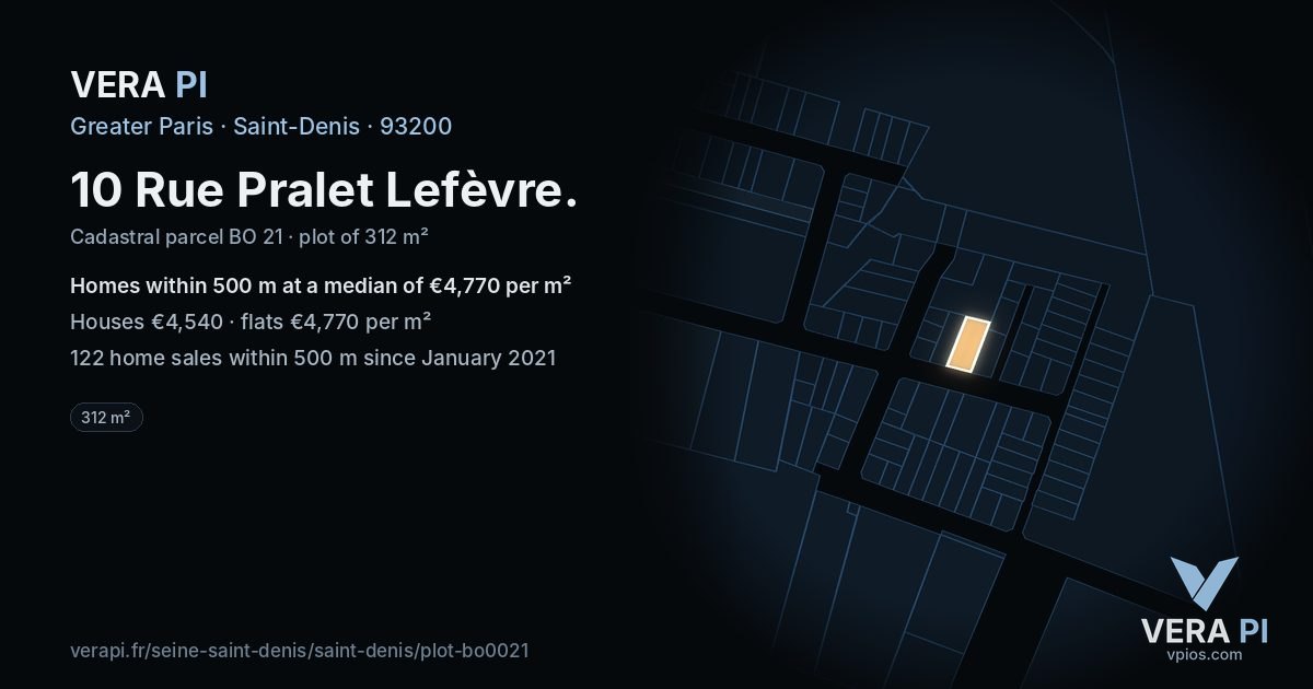 10 Rue Pralet Lefèvre, Saint-Denis at night – the plot lit, the parcels around coloured by the prices near them