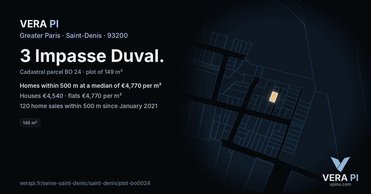 3 Impasse Duval, Saint-Denis at night – the plot lit, the parcels around coloured by the prices near them