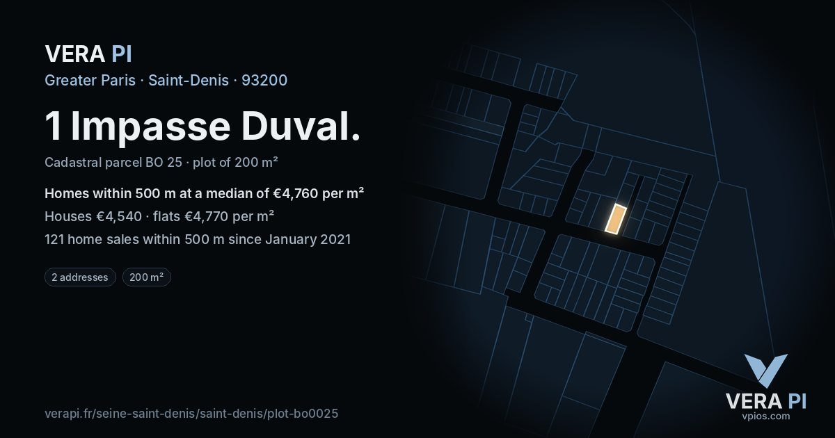 1 Impasse Duval, Saint-Denis at night – the plot lit, the parcels around coloured by the prices near them