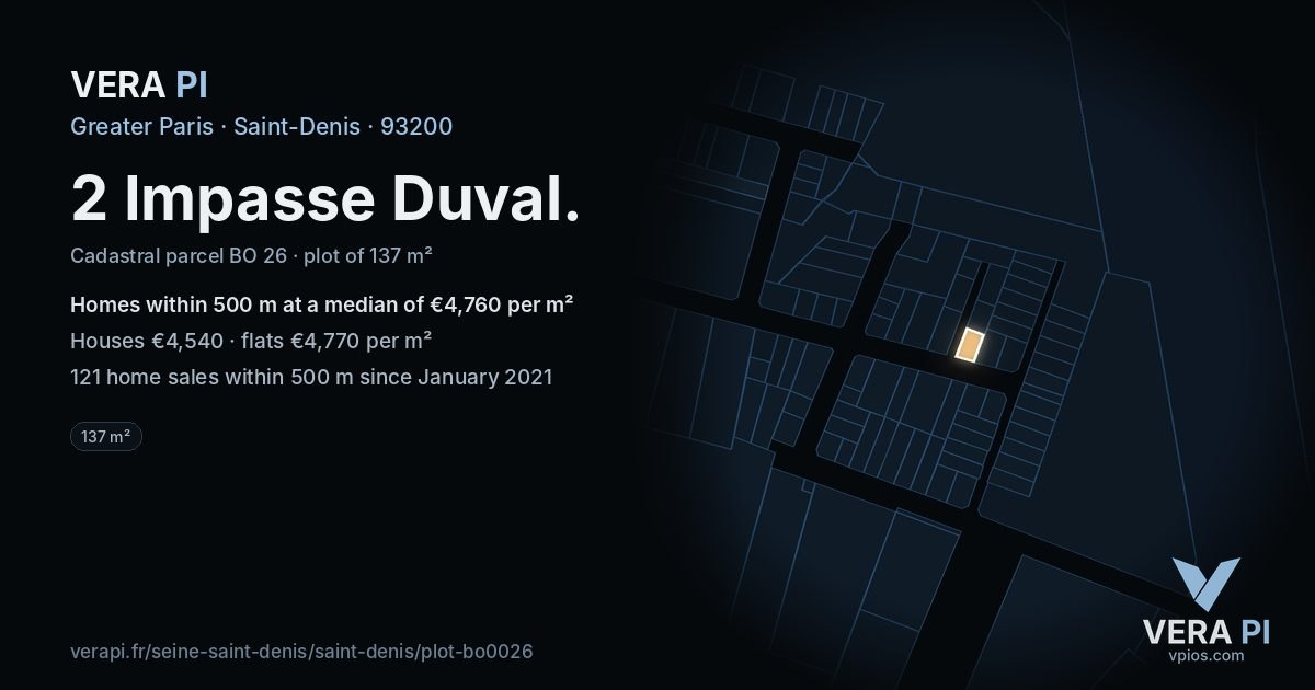 2 Impasse Duval, Saint-Denis at night – the plot lit, the parcels around coloured by the prices near them