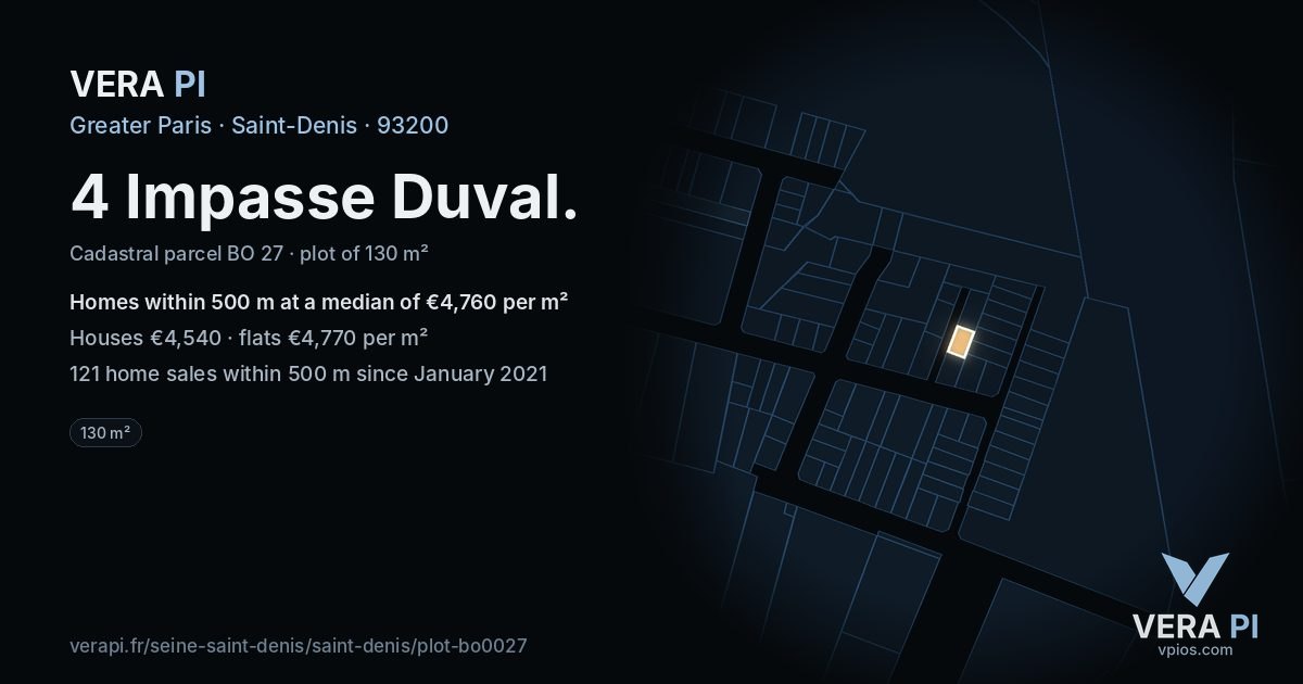 4 Impasse Duval, Saint-Denis at night – the plot lit, the parcels around coloured by the prices near them