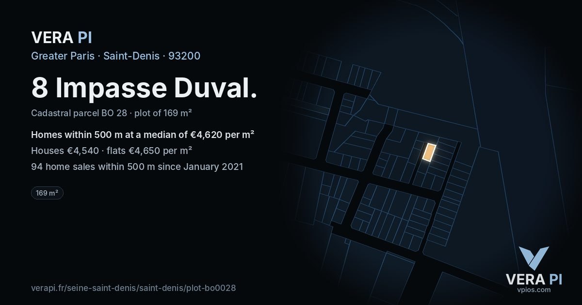 8 Impasse Duval, Saint-Denis at night – the plot lit, the parcels around coloured by the prices near them