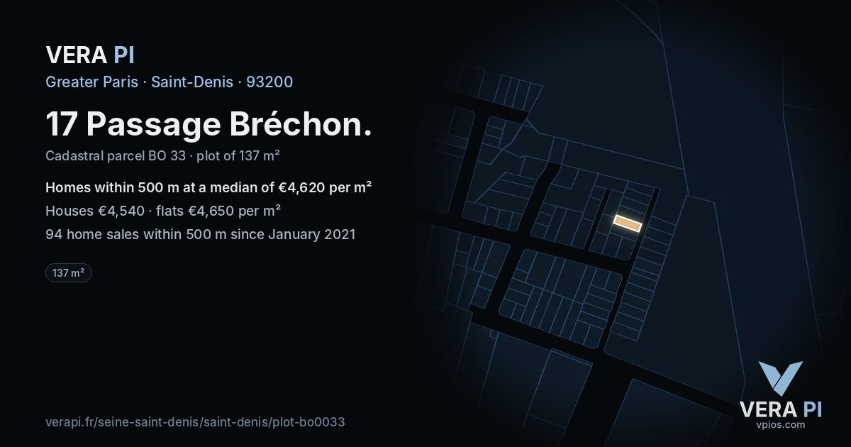 17 Passage Bréchon, Saint-Denis at night – the plot lit, the parcels around coloured by the prices near them