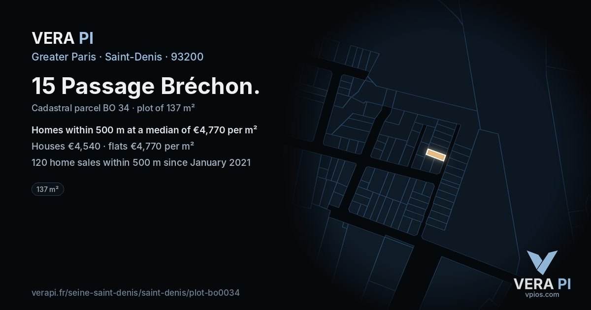 15 Passage Bréchon, Saint-Denis at night – the plot lit, the parcels around coloured by the prices near them