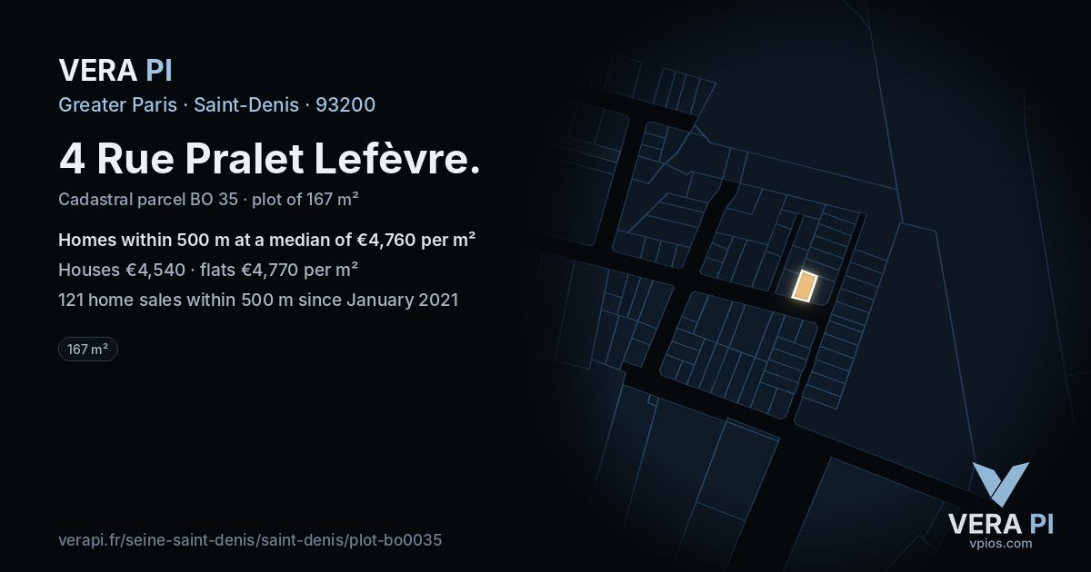 4 Rue Pralet Lefèvre, Saint-Denis at night – the plot lit, the parcels around coloured by the prices near them