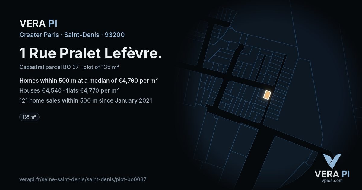 1 Rue Pralet Lefèvre, Saint-Denis at night – the plot lit, the parcels around coloured by the prices near them