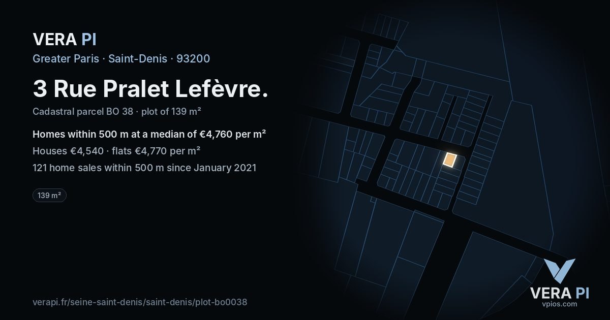3 Rue Pralet Lefèvre, Saint-Denis at night – the plot lit, the parcels around coloured by the prices near them