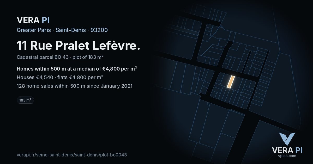 11 Rue Pralet Lefèvre, Saint-Denis at night – the plot lit, the parcels around coloured by the prices near them