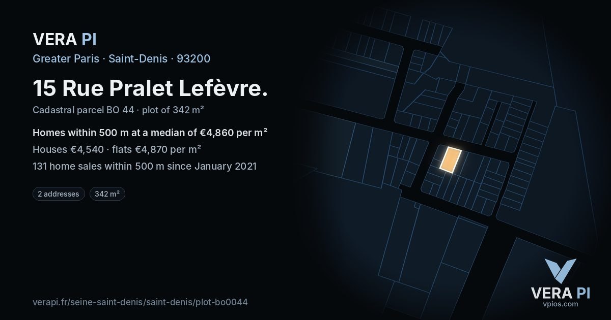 15 Rue Pralet Lefèvre, Saint-Denis at night – the plot lit, the parcels around coloured by the prices near them