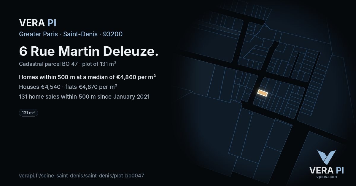 6 Rue Martin Deleuze, Saint-Denis at night – the plot lit, the parcels around coloured by the prices near them