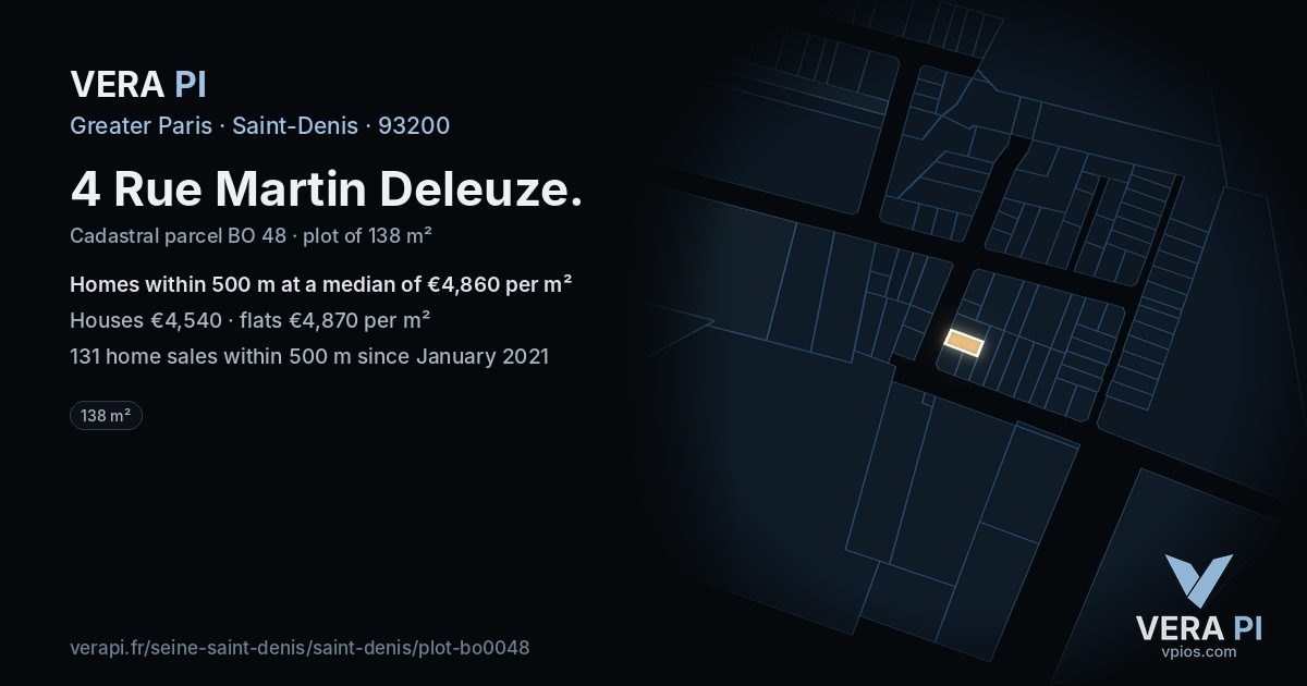 4 Rue Martin Deleuze, Saint-Denis at night – the plot lit, the parcels around coloured by the prices near them