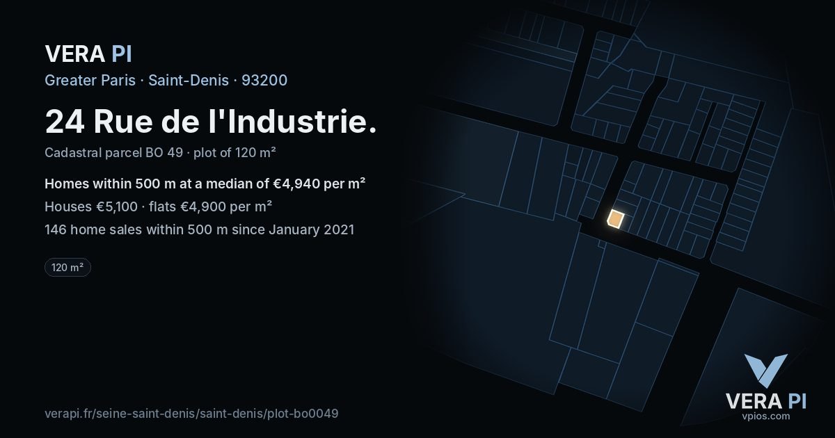 24 Rue de l'Industrie, Saint-Denis at night – the plot lit, the parcels around coloured by the prices near them