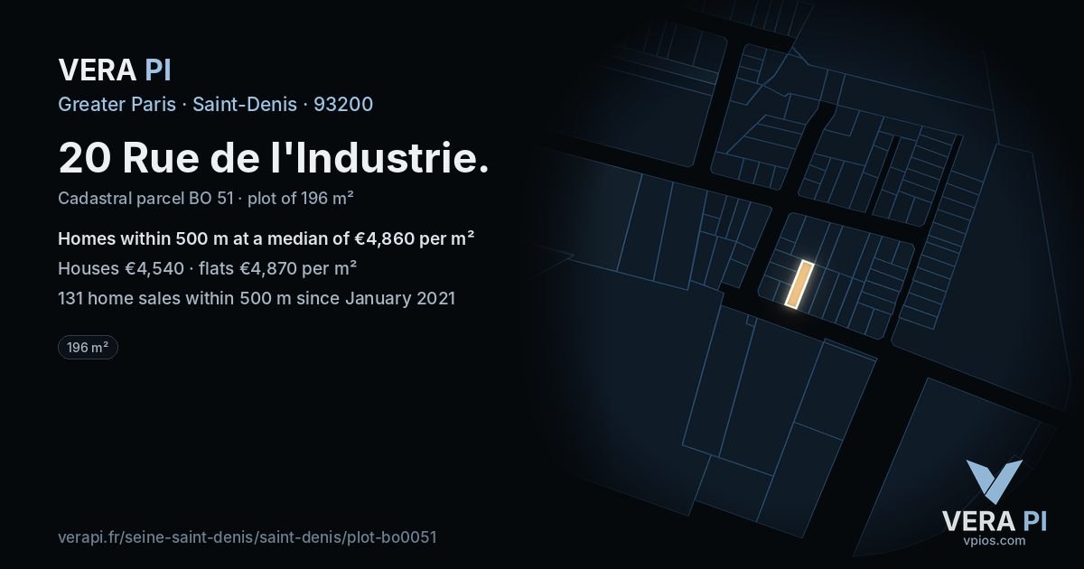 20 Rue de l'Industrie, Saint-Denis at night – the plot lit, the parcels around coloured by the prices near them