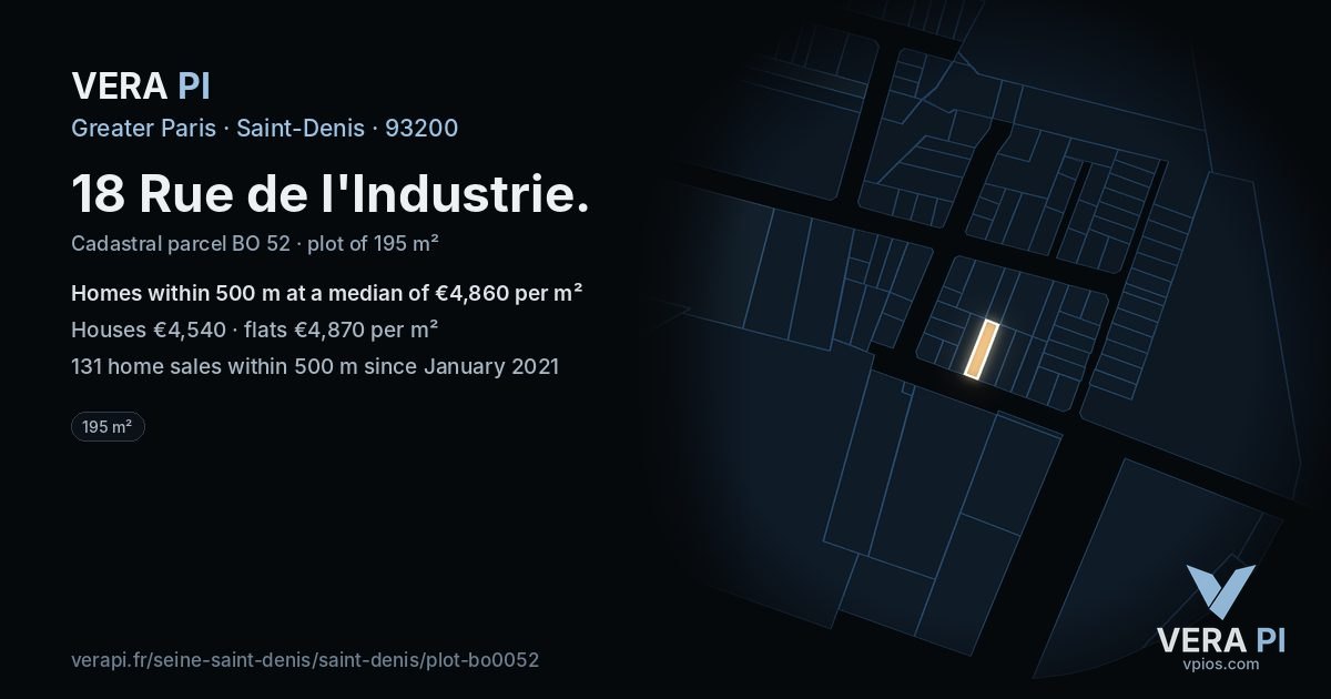 18 Rue de l'Industrie, Saint-Denis at night – the plot lit, the parcels around coloured by the prices near them