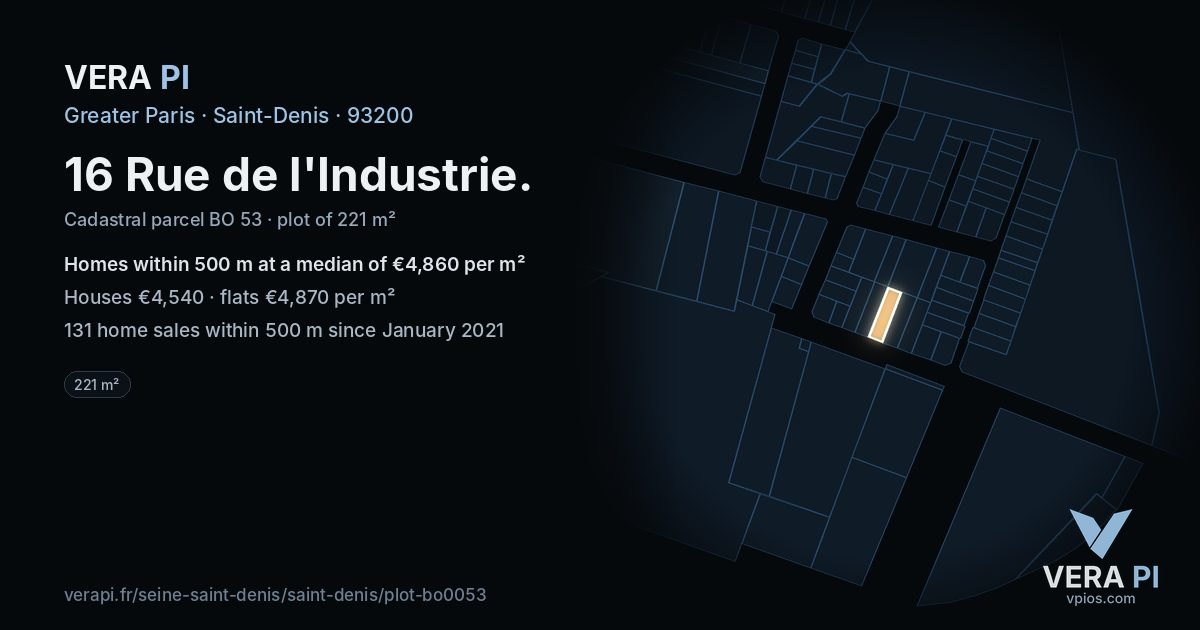 16 Rue de l'Industrie, Saint-Denis at night – the plot lit, the parcels around coloured by the prices near them