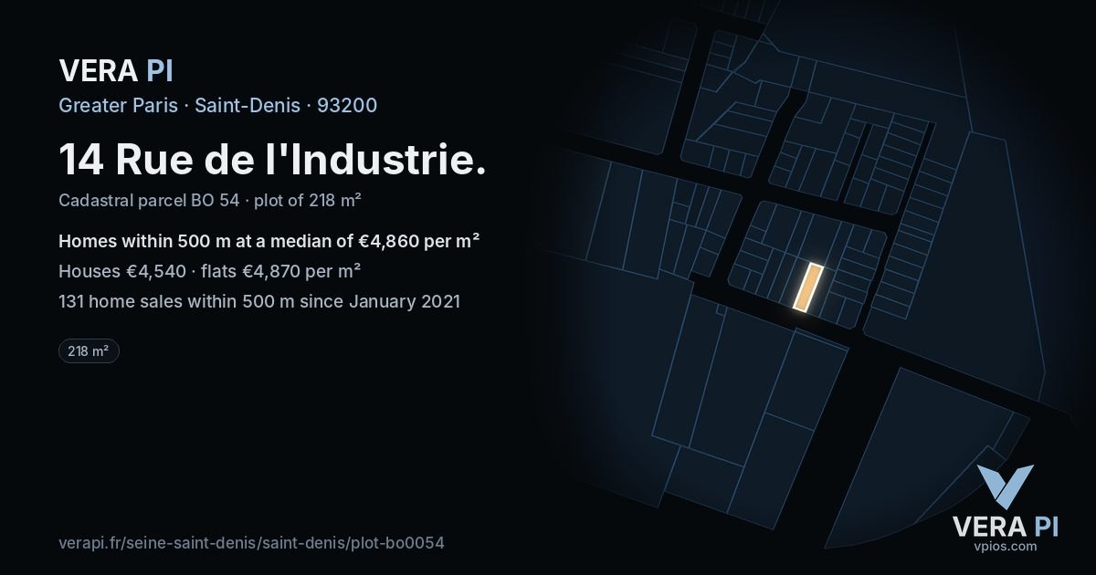 14 Rue de l'Industrie, Saint-Denis at night – the plot lit, the parcels around coloured by the prices near them