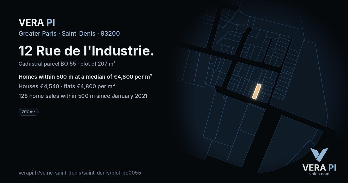 12 Rue de l'Industrie, Saint-Denis at night – the plot lit, the parcels around coloured by the prices near them