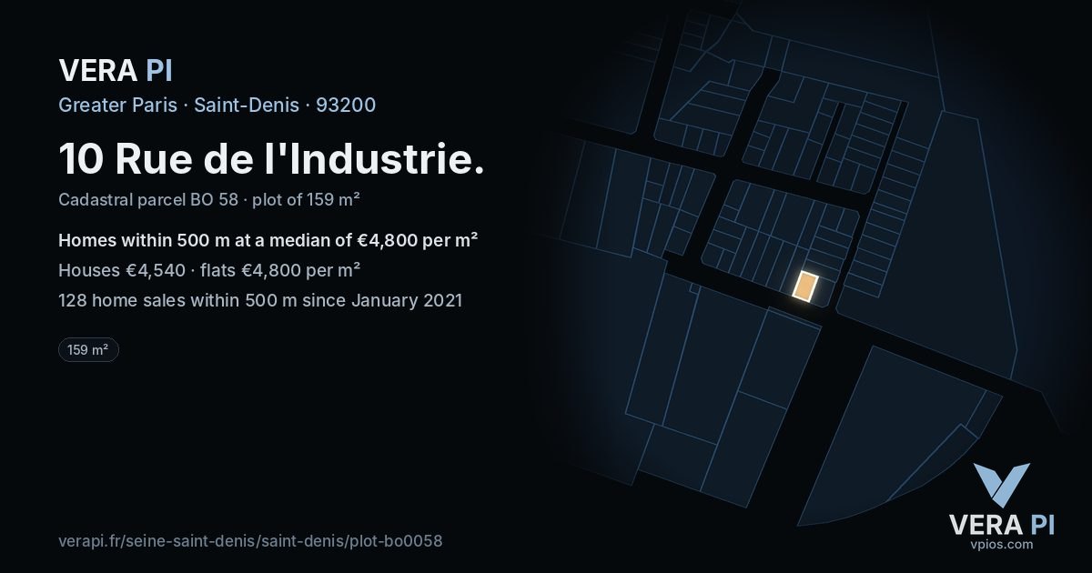 10 Rue de l'Industrie, Saint-Denis at night – the plot lit, the parcels around coloured by the prices near them