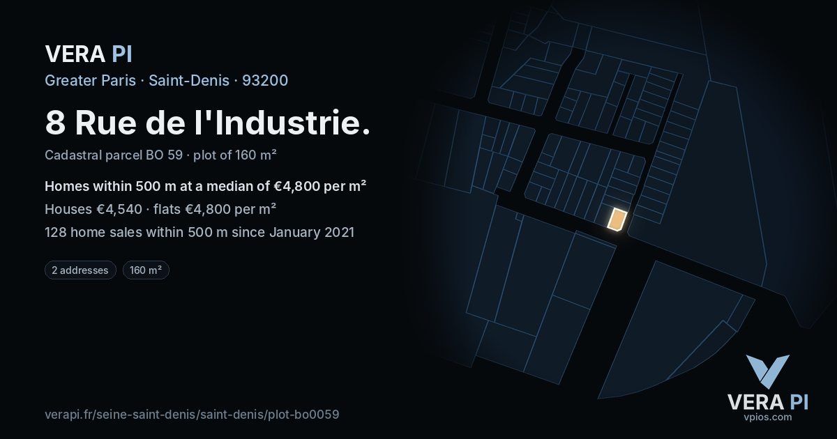 8 Rue de l'Industrie, Saint-Denis at night – the plot lit, the parcels around coloured by the prices near them
