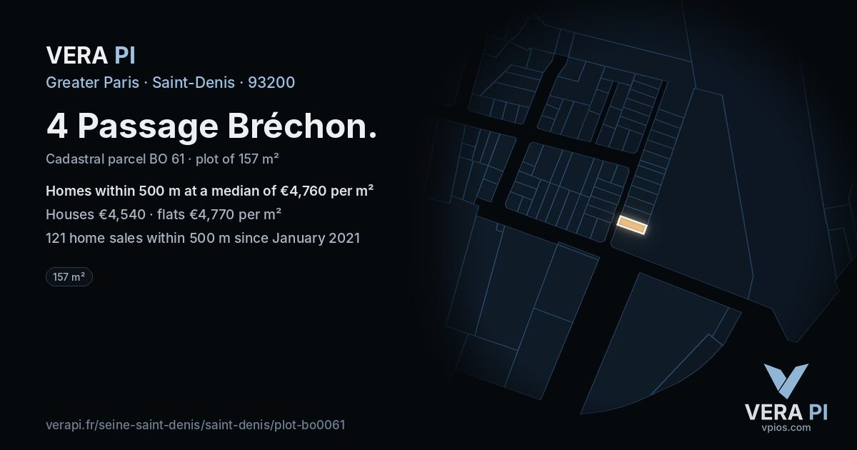 4 Passage Bréchon, Saint-Denis at night – the plot lit, the parcels around coloured by the prices near them