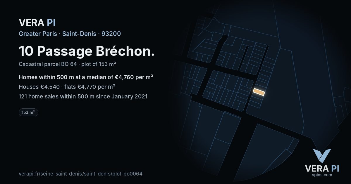 10 Passage Bréchon, Saint-Denis at night – the plot lit, the parcels around coloured by the prices near them