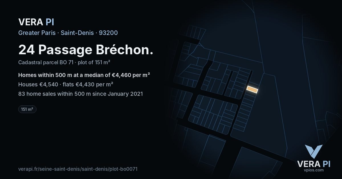 24 Passage Bréchon, Saint-Denis at night – the plot lit, the parcels around coloured by the prices near them