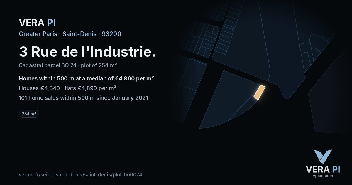 3 Rue de l'Industrie, Saint-Denis at night – the plot lit, the parcels around coloured by the prices near them